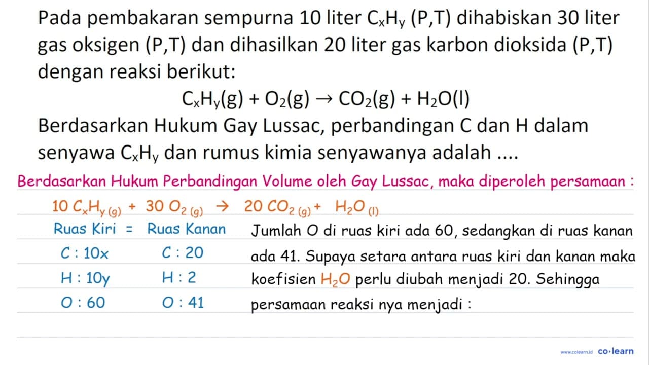 Pada pembakaran sempurna 10 liter C_(x) H_(y)(P, T)