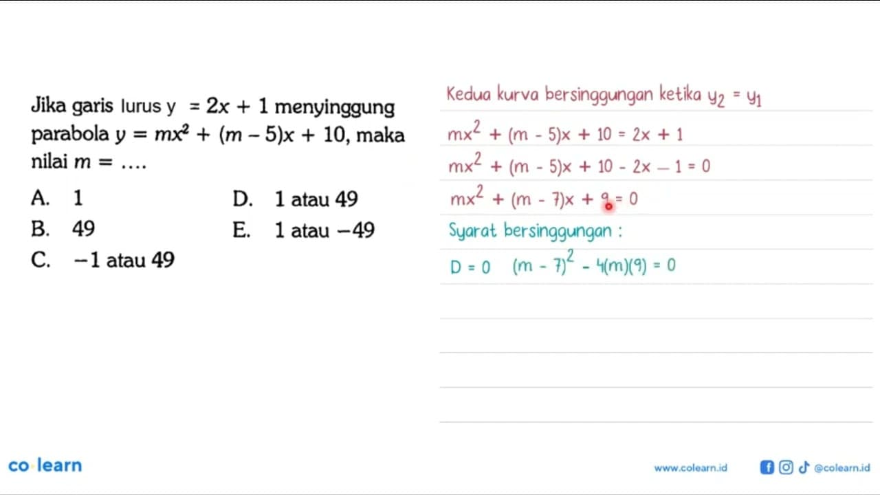 Jika garis lurus y=2x+1 menyinggung parabola