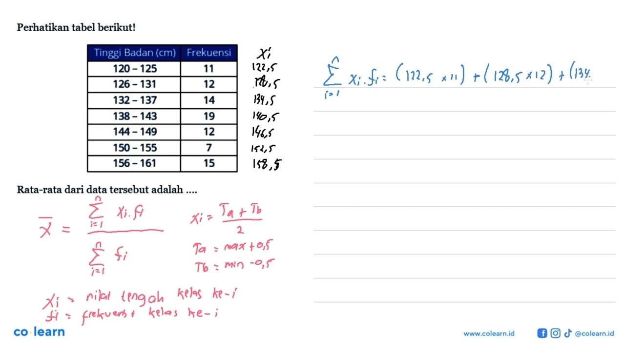 Perhatikan tabel berikut! Tinggi Badan (cm) Frekuensi 120