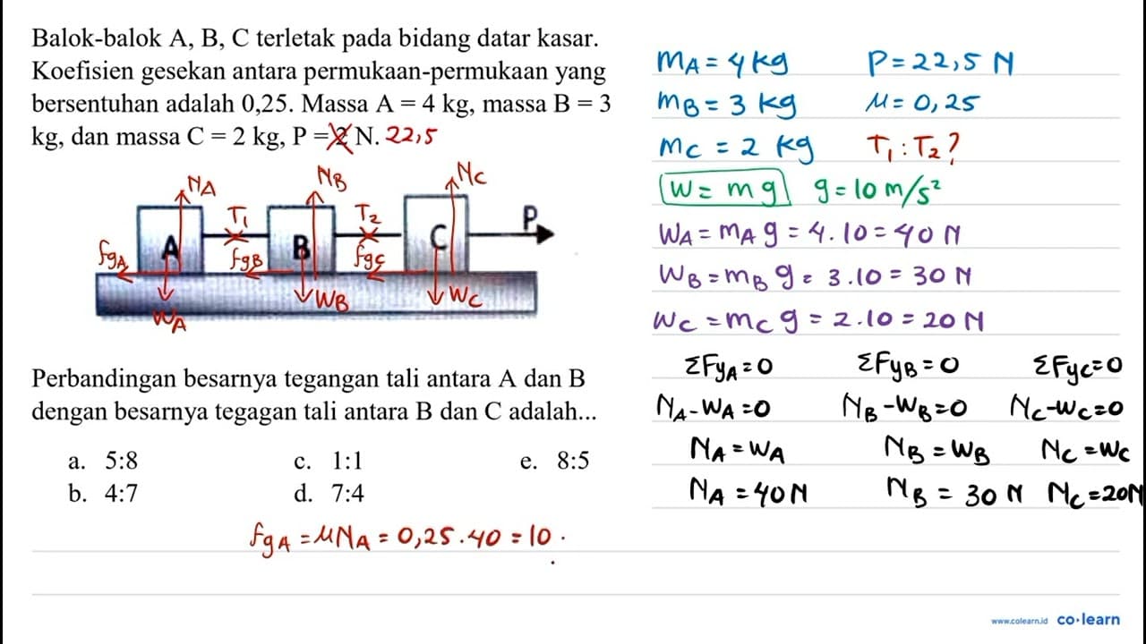 Balok-balok A, B, C terletak pada bidang datar kasar.