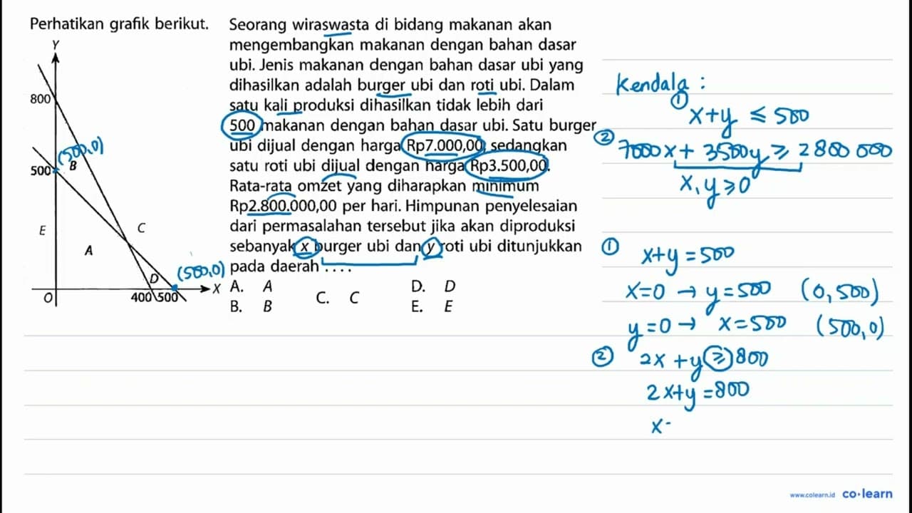 Perhatikan grafik berikut. X Y A B C D E O 500 800 400 500