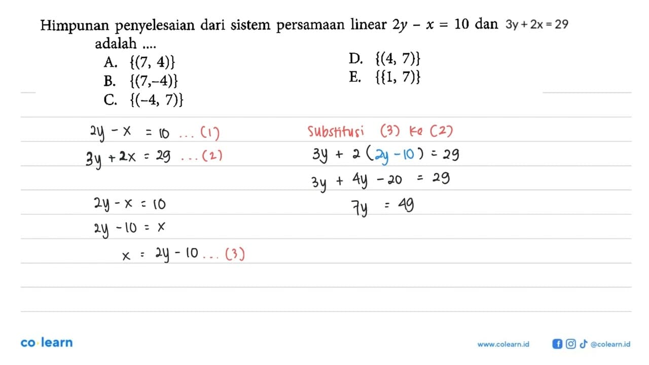 Himpunan penyelesaian dari sistem persamaan linear 2y-x=10