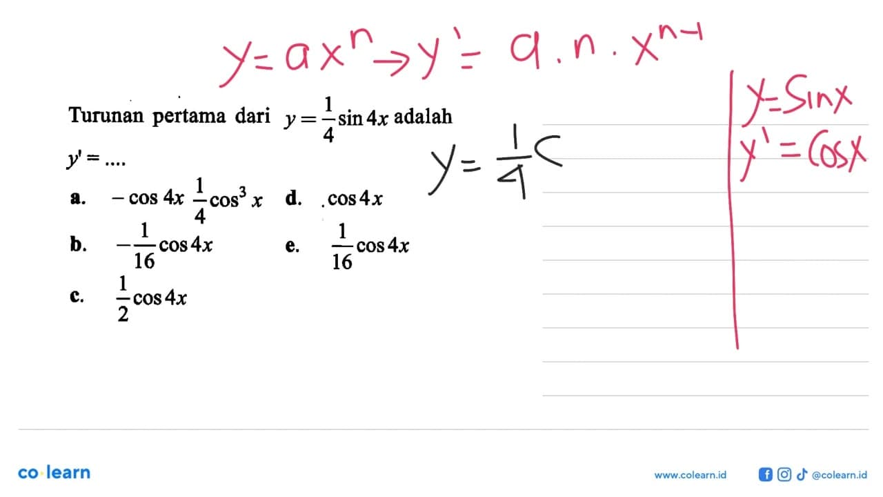 Turunan pertama dari y=1/4sin 4x adalah y'=....