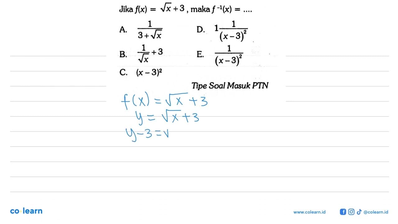 Jika f(x) = akar(x) + 3, maka f^(-1)(x)=...