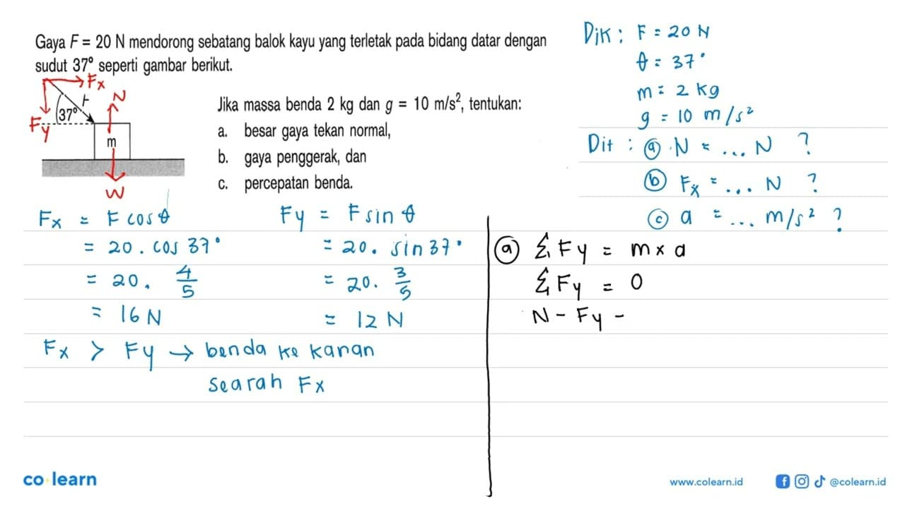 Gaya F=20 N mendorong sebatang balok kayu yang terletak