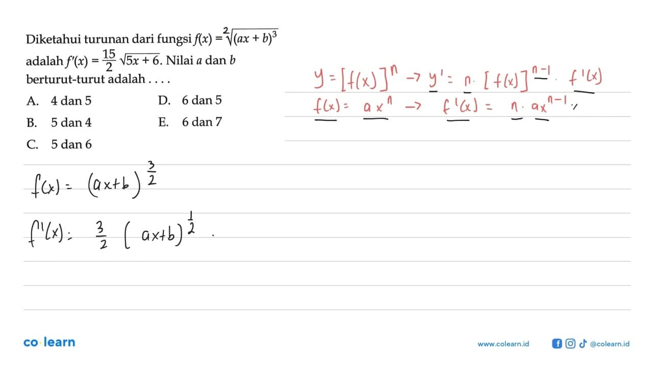 Diketahui turunan dari fungsi f(x)=(ax+b)^(3/2) adalah