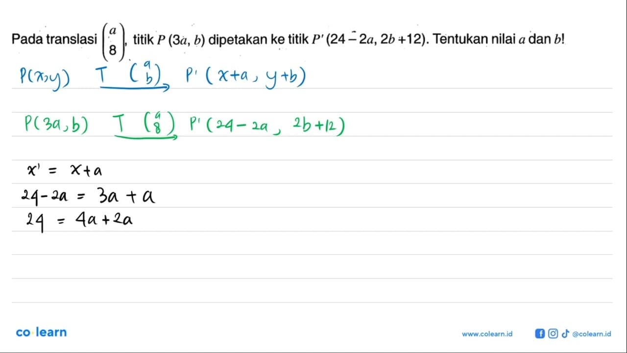 Pada translasi (a 8), titik P(3a, b) dipetakan ke titik