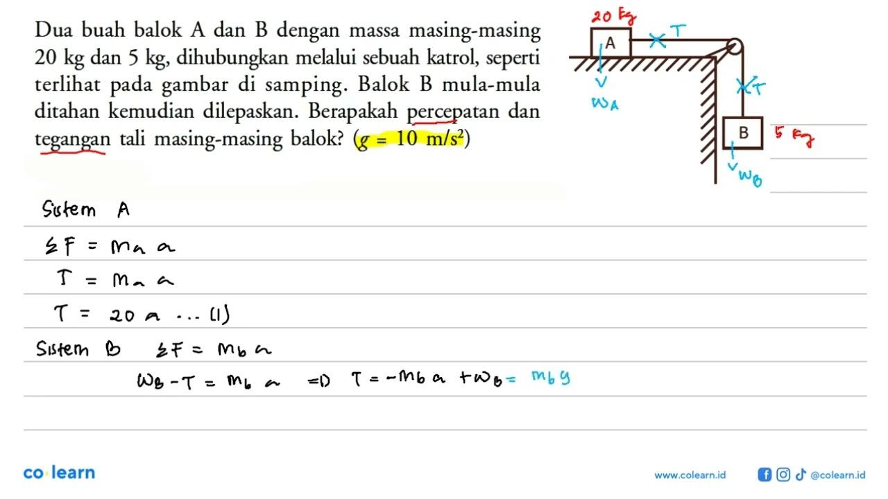 Dua buah balok A dan B dengan massa masing-masing 20 kg dan