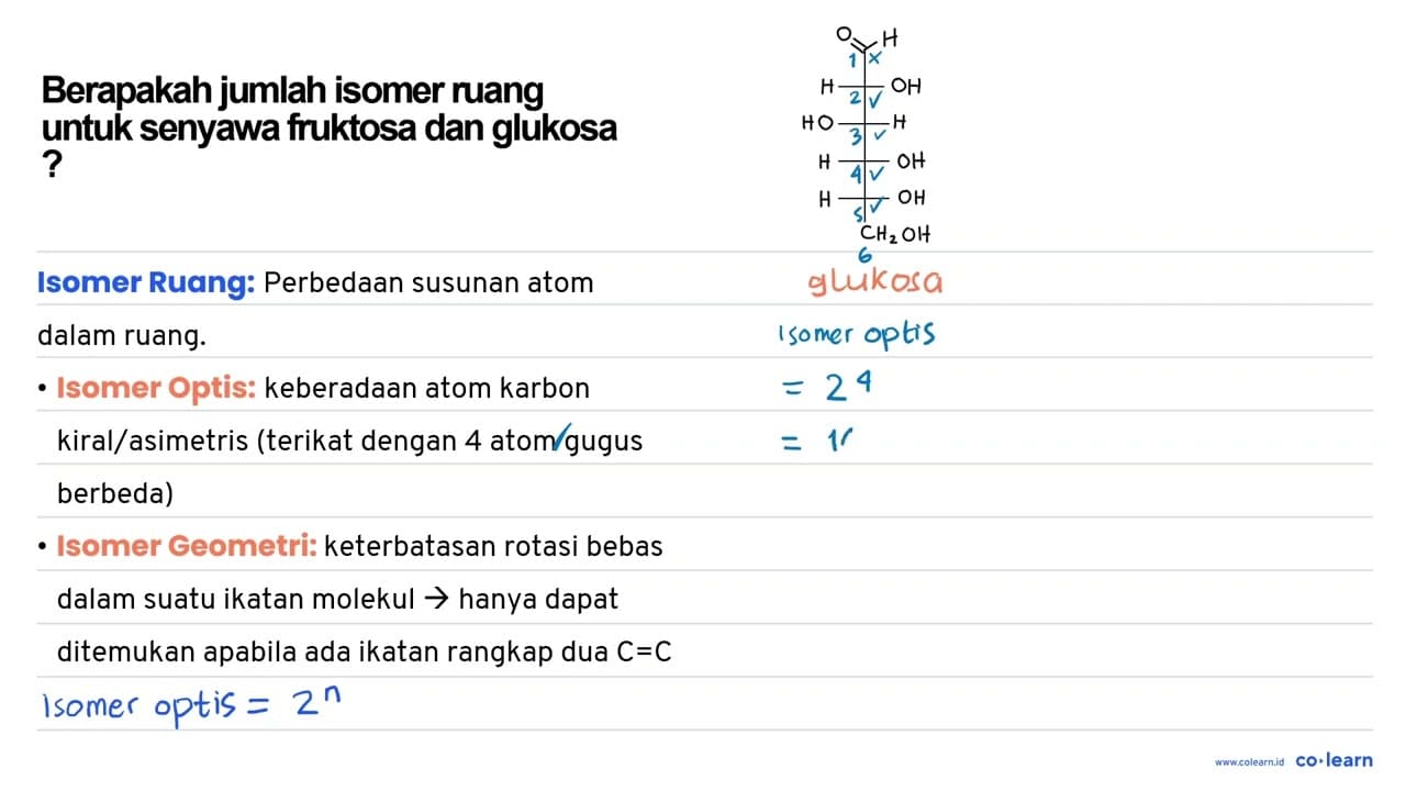 Berapakah jumlah isomer ruang untuk senyawa fruktosa dan