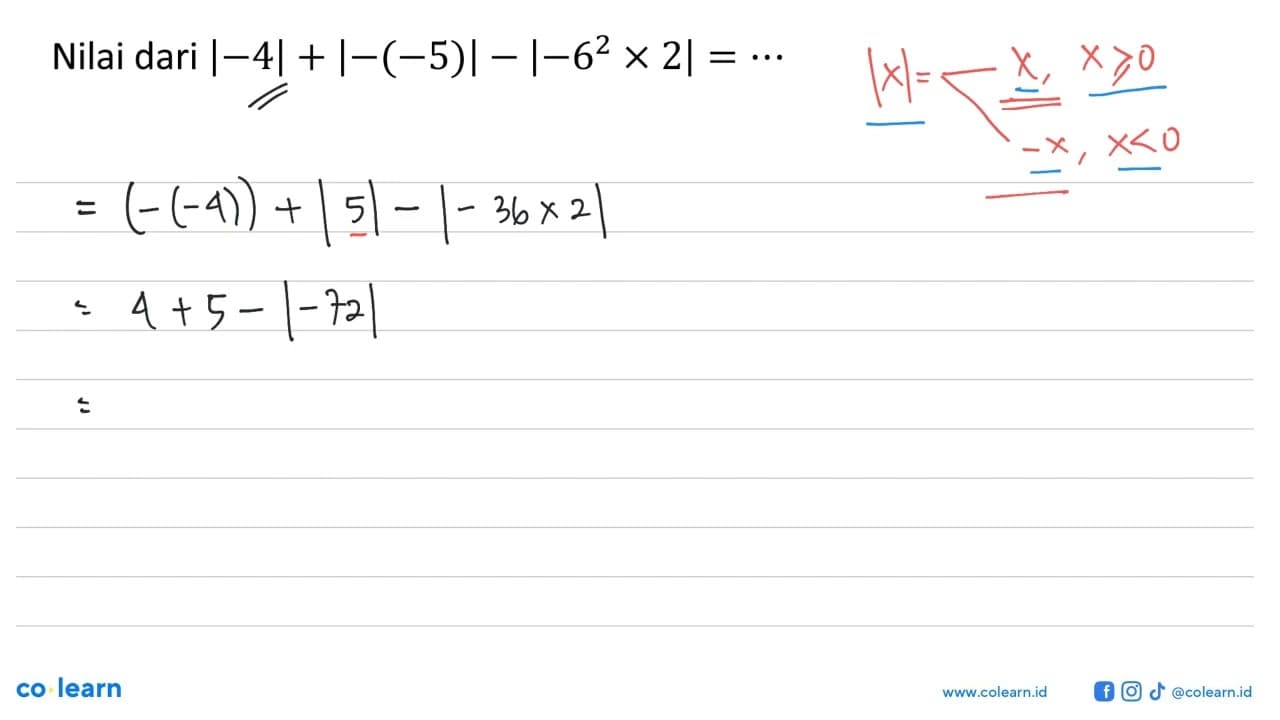 Nilai dari |-4|+|-(-5)|-|-6^2x2|=...