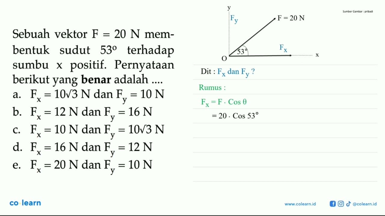 Sebuah vektor F = 20 N membentuk sudut 53 terhadap sumbu x