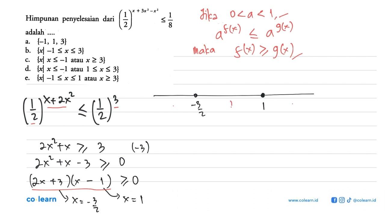 Himpunan penyelesaian dari (1/2)^(x+3x^2-x^2)<=1/8 adalah