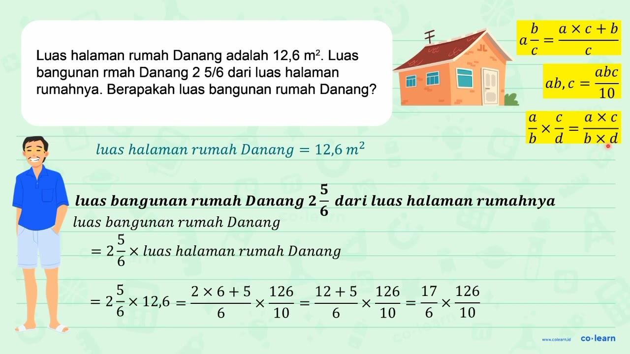 Luas halaman rumah Danang adalah 12,6 m^(2) . Luas bangunan