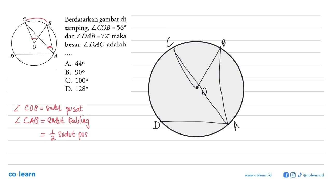 C B O D A Berdasarkan gambar di samping, sudut COB = 56 dan