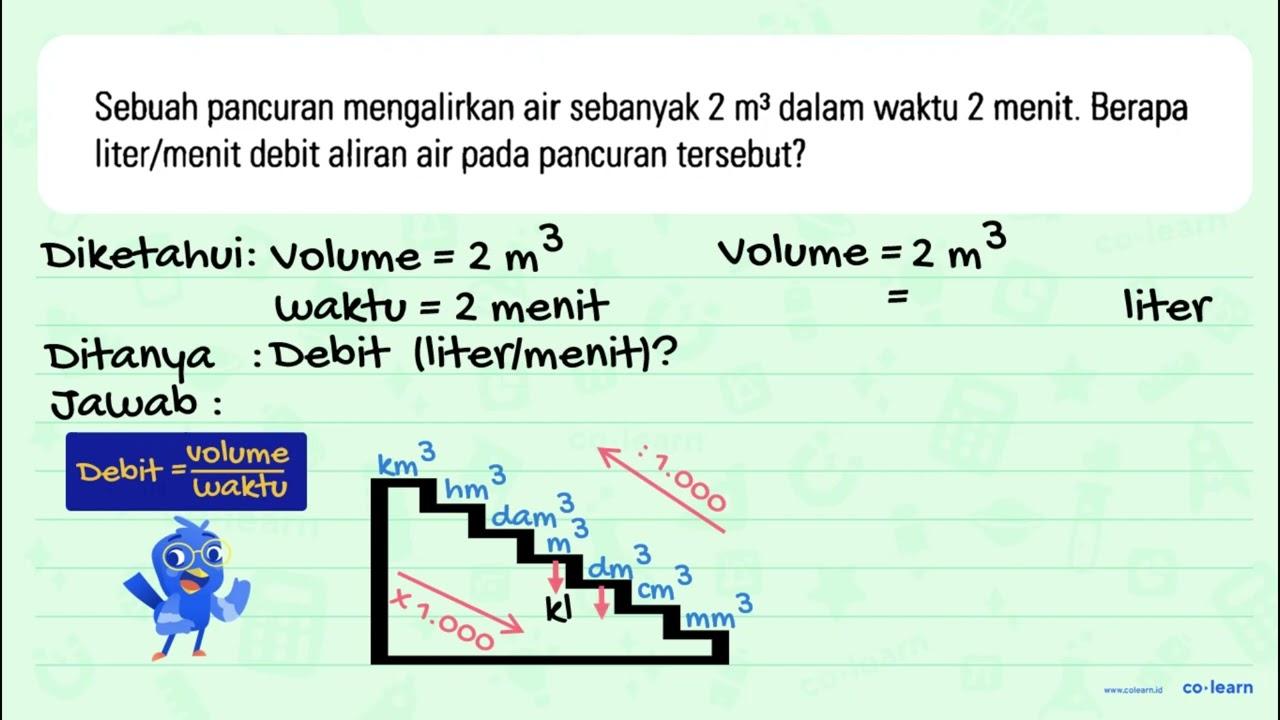 Sebuah pancuran mengalirkan air sebanyak 2 m^3 dalam waktu