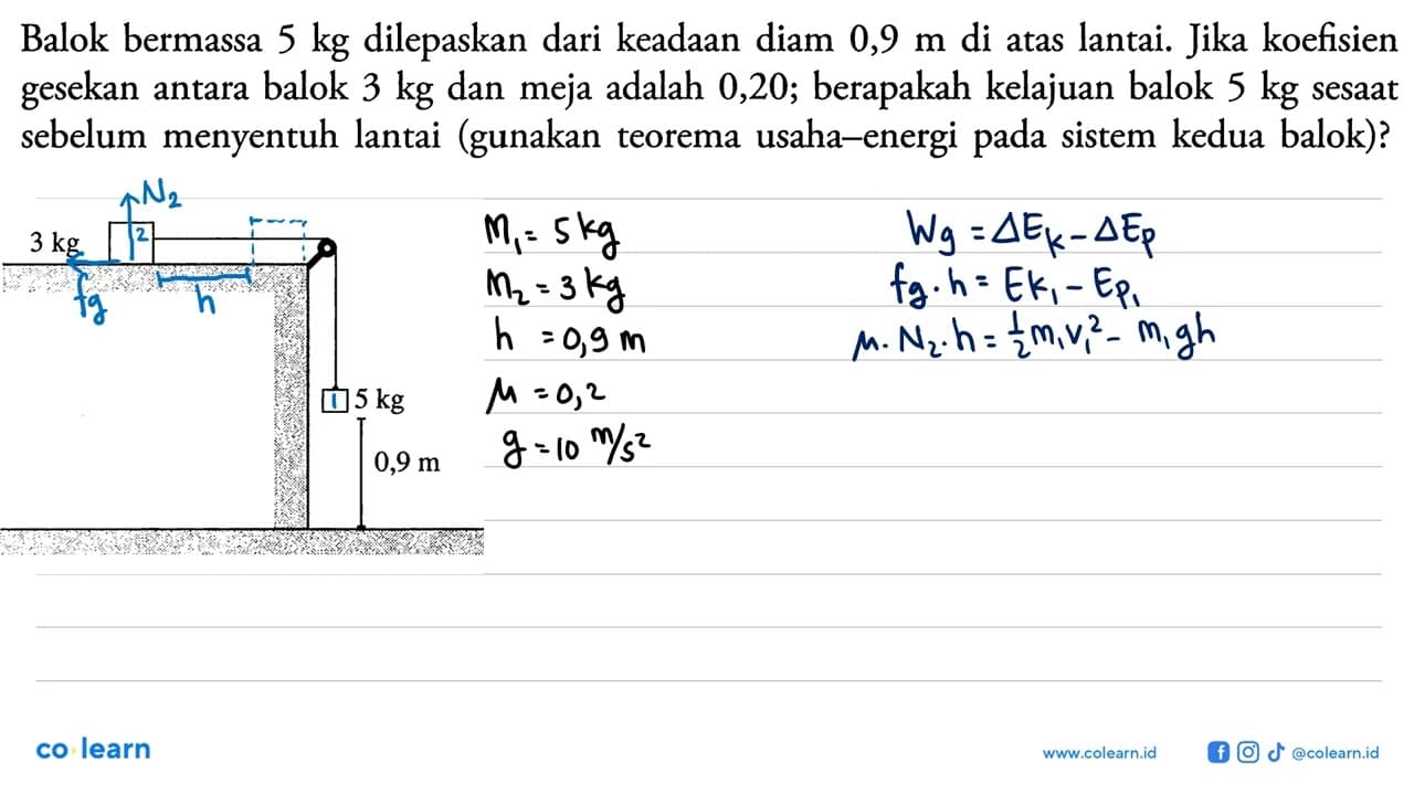 Balok bermassa 5 kg dilepaskan dari keadaan diam 0,9 m di