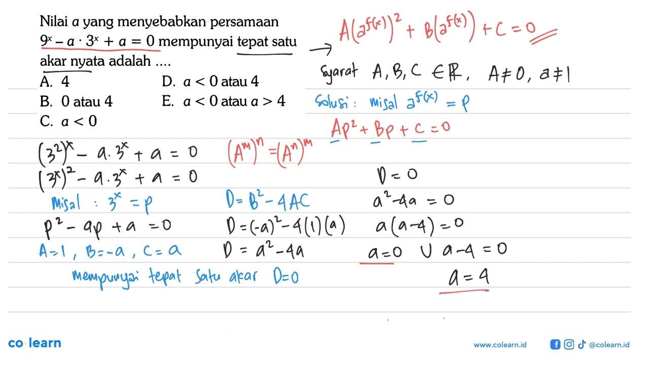 Nilai a yang menyebabkan persamaan 9^x-ax3^x+a=0 mempunyai