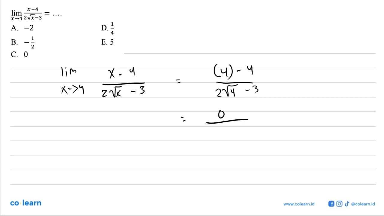 lim x->4 (x-4)/(2akar(x)-3)=...