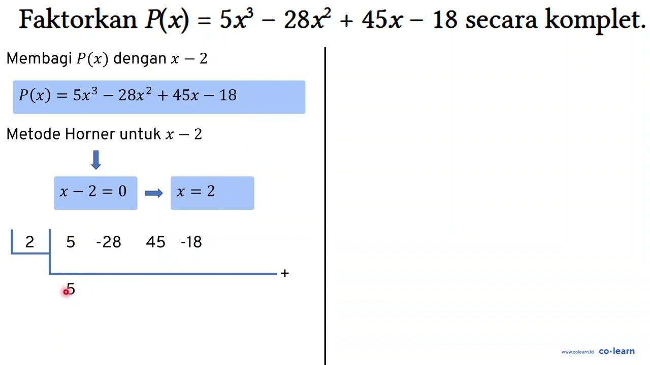 Faktorkan P(x)=5 x^(3)-28 x^(2)+45 x-18 secara komplet.