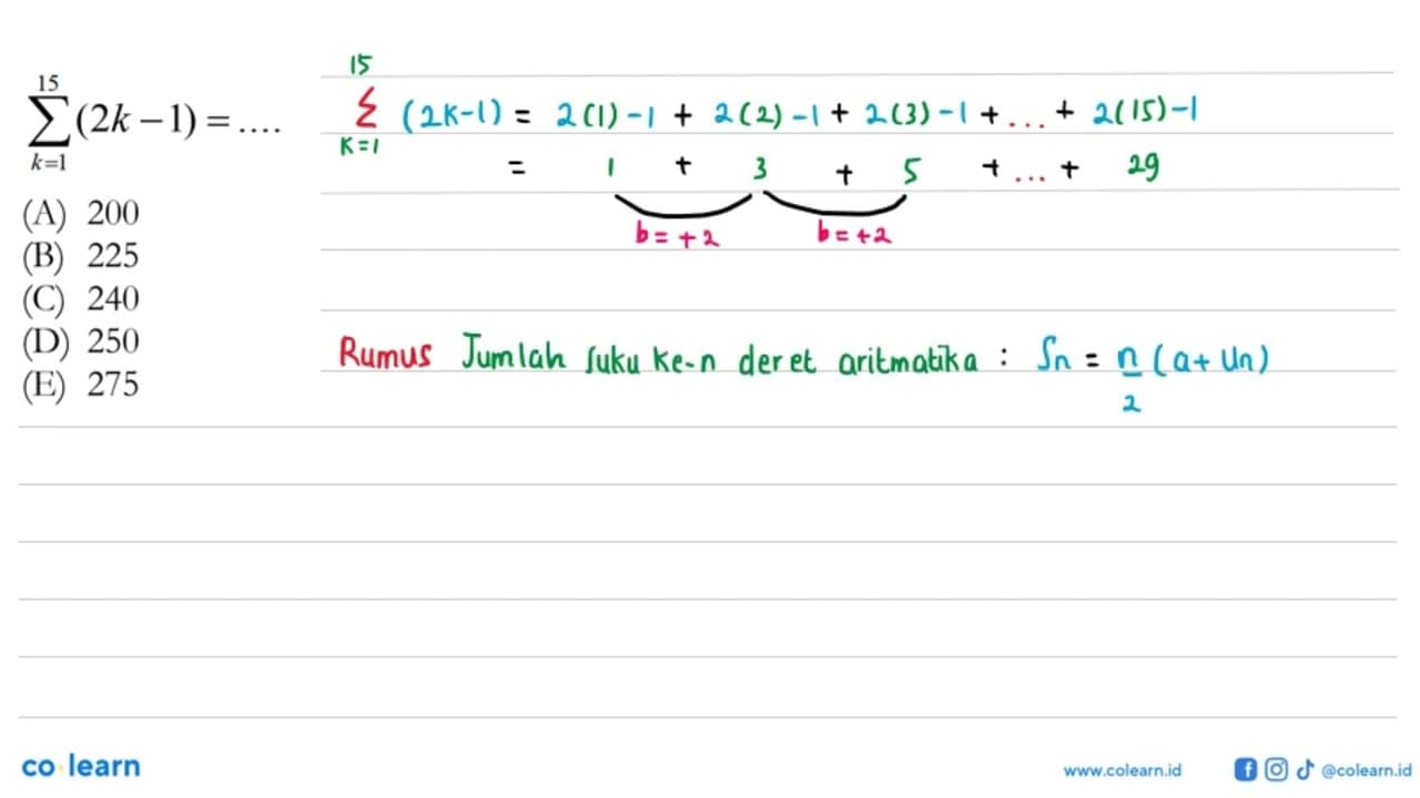 sigma k=1 15 (2k-1)= ....