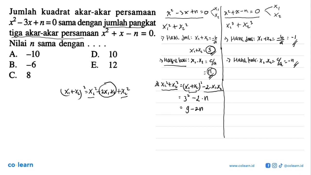 Jumlah kuadrat akar-akar persamaan x^2 - 3x + n = 0 sama