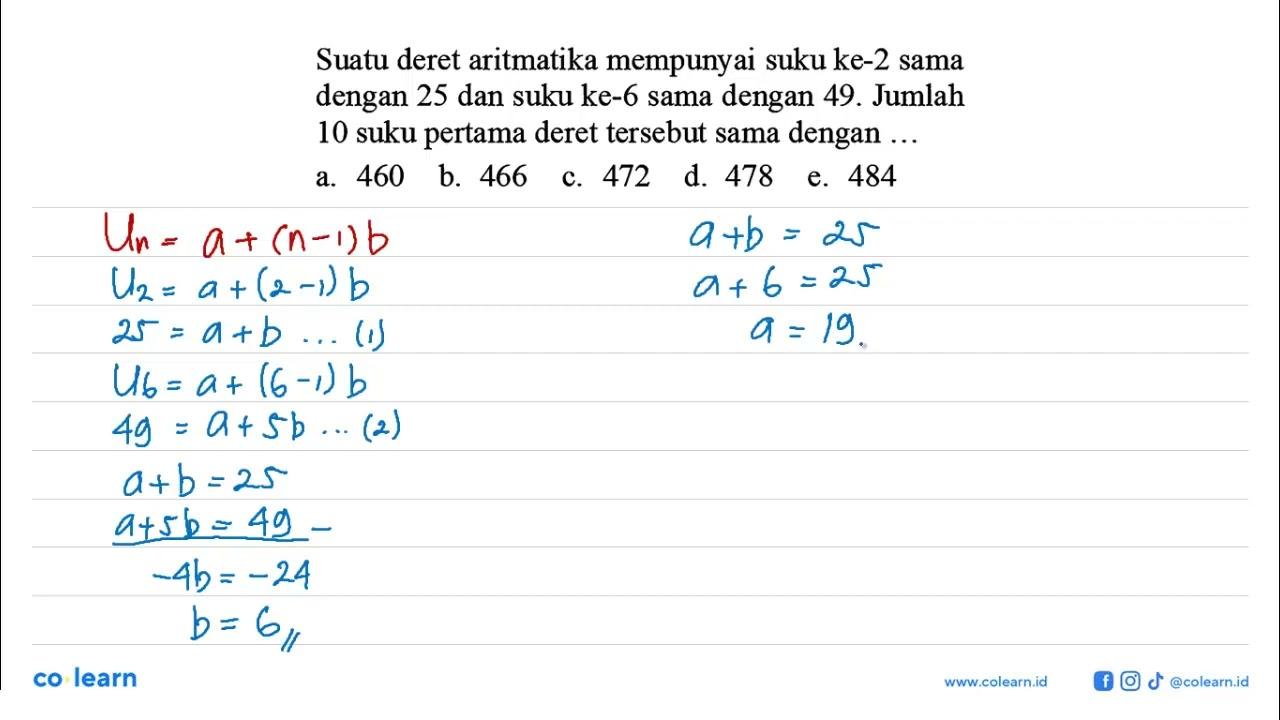 Suatu deret aritmatika mempunyai suku ke-2 sama dengan 25