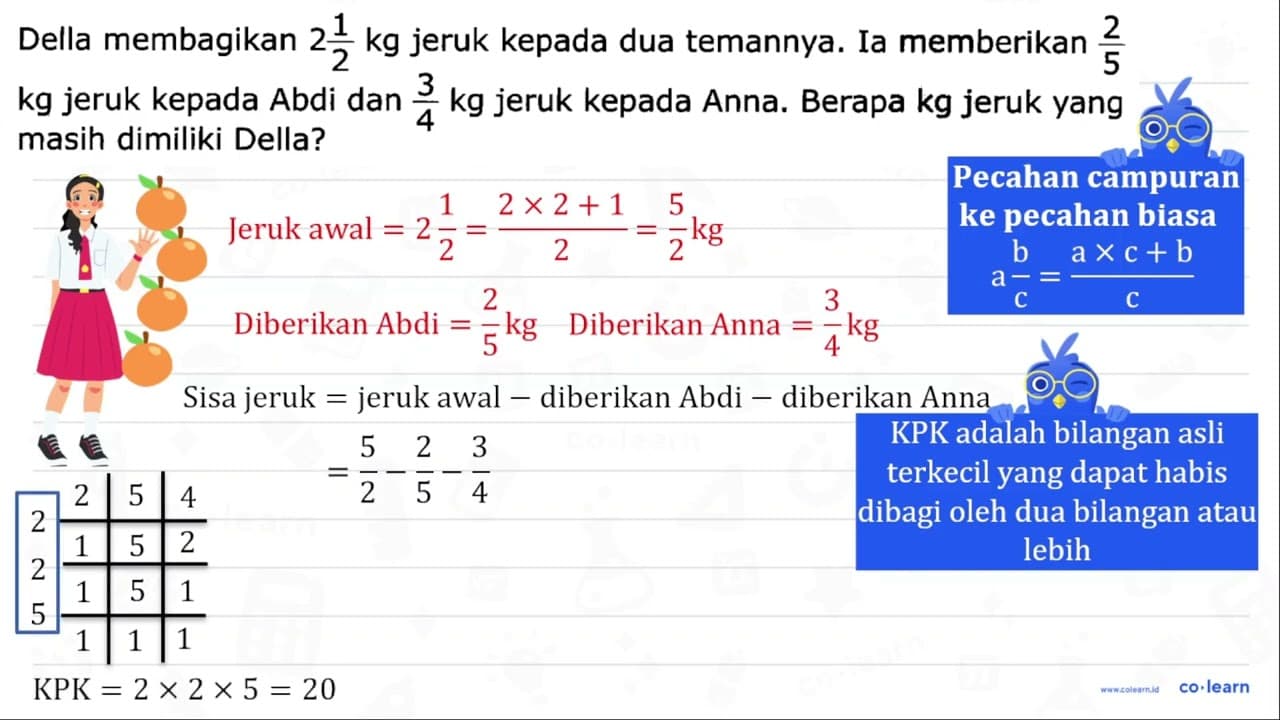 Della membagikan 2 (1)/(2) kg jeruk kepada dua temannya. Ia