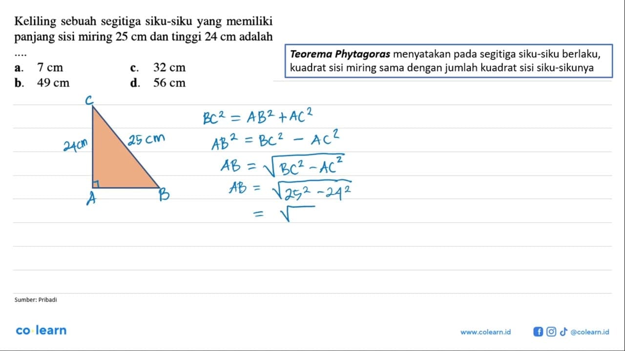 Keliling sebuah segitiga siku-siku yang memiliki panjang