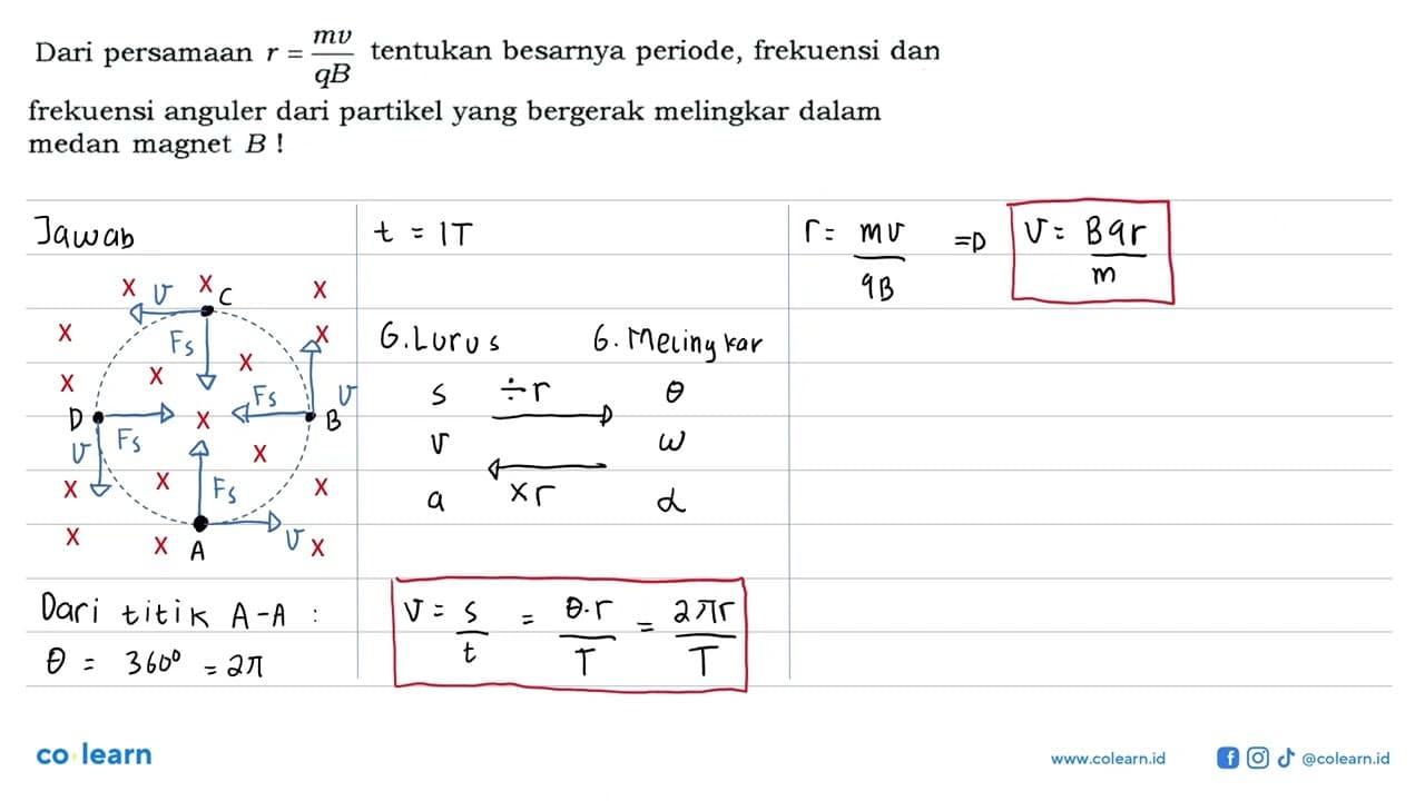 Dari persamaan r=(m v)/(q B) tentukan besarnya periode,