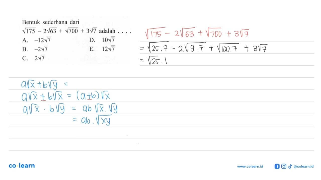 Bentuk sederhana dari akar(175)- 2akar(63) + akar(700)+