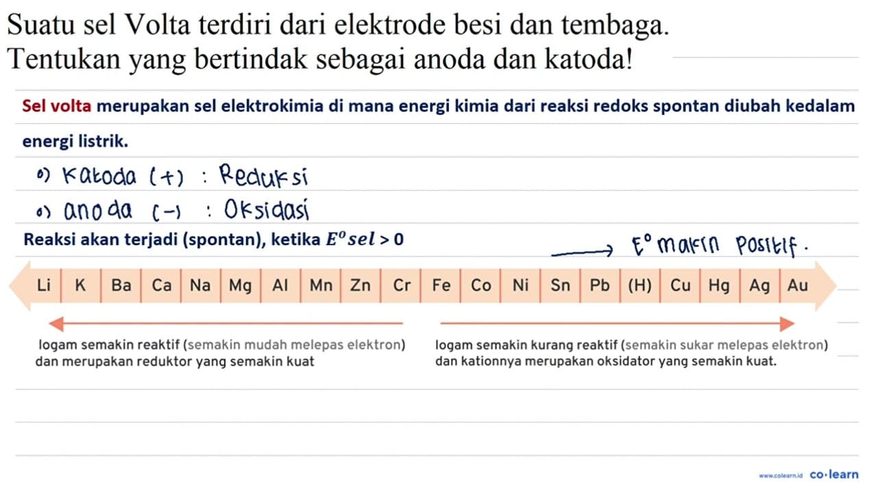 Suatu sel Volta terdiri dari elektrode besi dan tembaga.