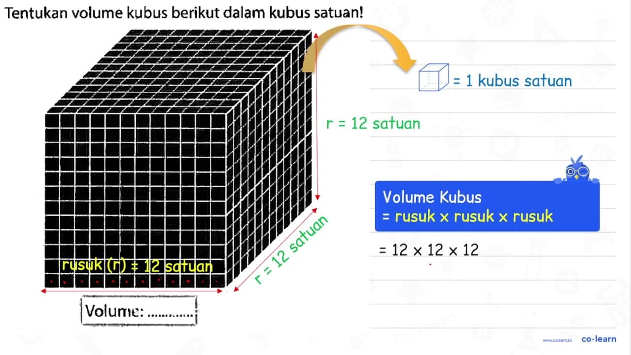 Tentukan volume kubus berikut dalam kubus satuan! Volume :