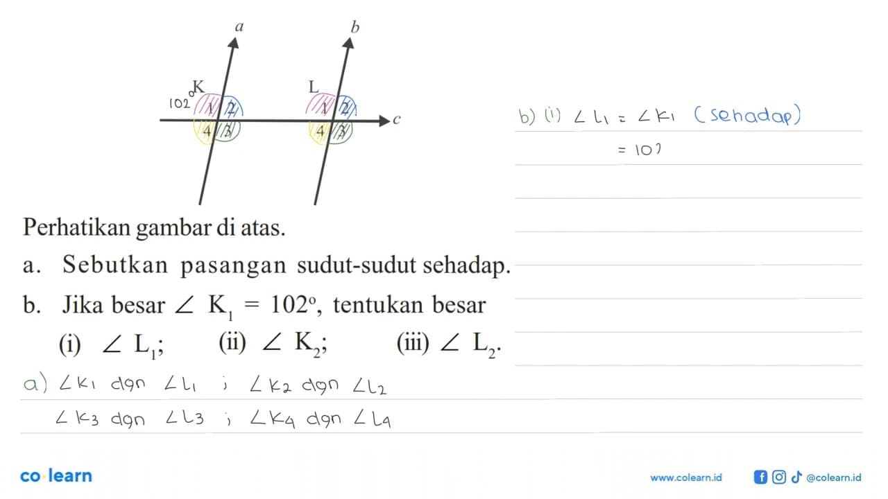 Sudur 1, 2, 3, 4 di K, sudut 1, 2, 3, 4 di LPerhatikan