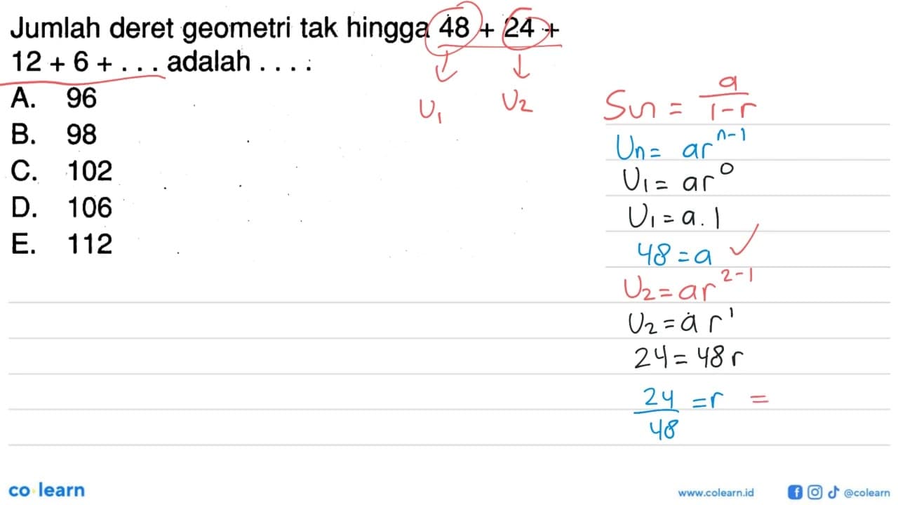 Jumlah deret geometri tak hingga 48+24+12+6+... adalah ....