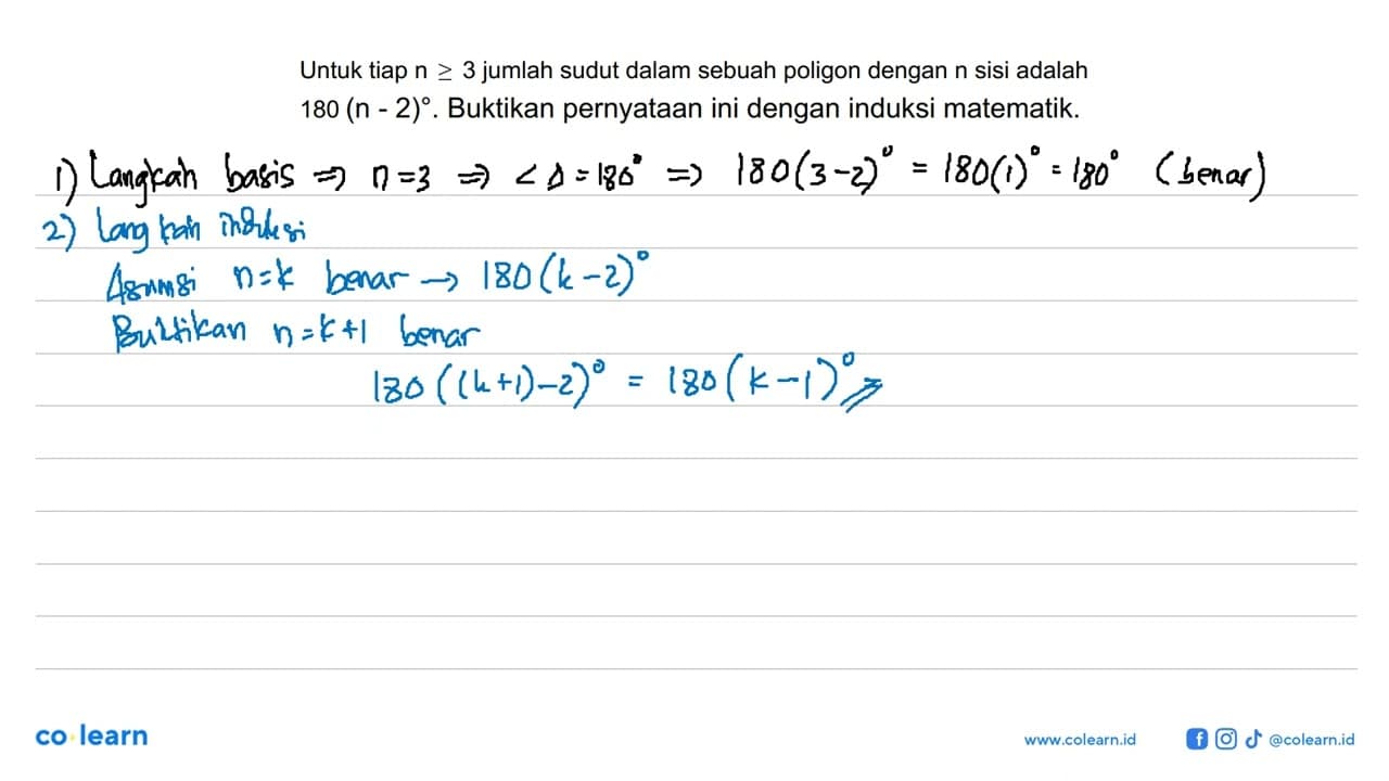 Untuk tiap n>=3 jumlah sudut dalam sebuah poligon dengan n