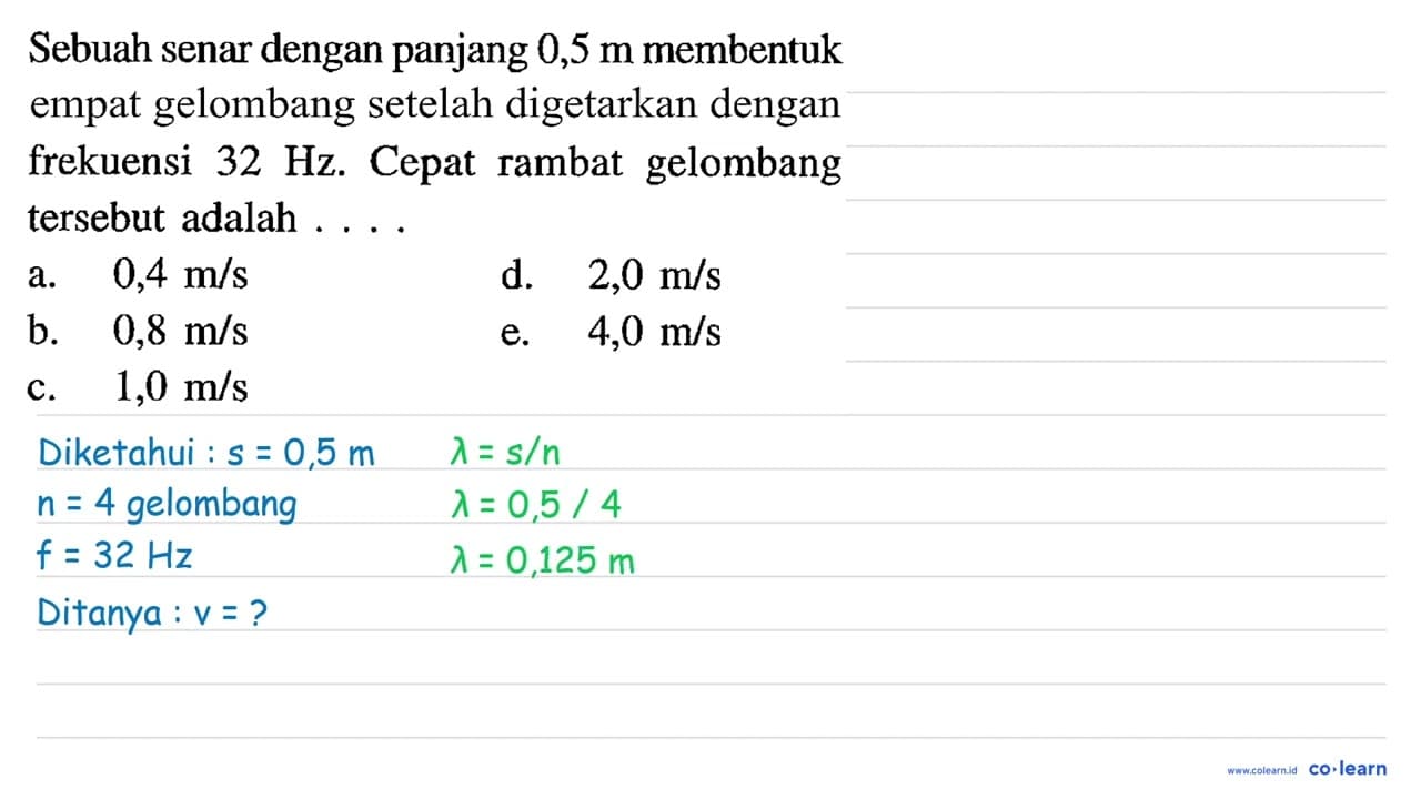 Sebuah senar dengan panjang 0,5 m membentuk empat gelombang