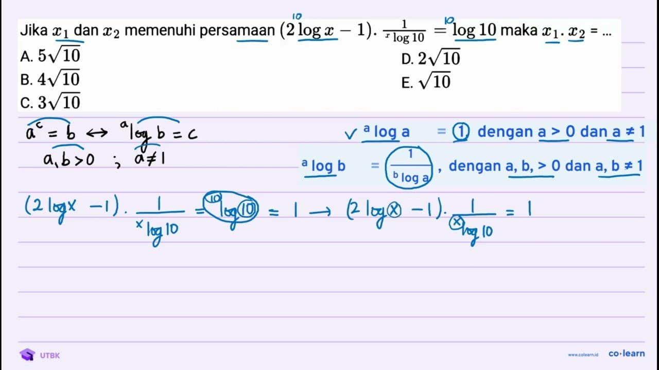 Jika x_(1) dan x_(2) memenuhi persamaan (2 log x-1) .