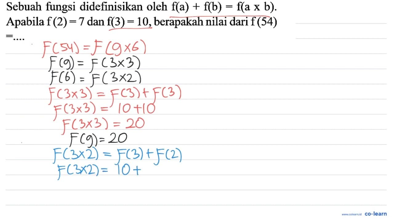 Sebuah fungsi didefinisikan oleh f(a)+f(b)=f(a x b) .