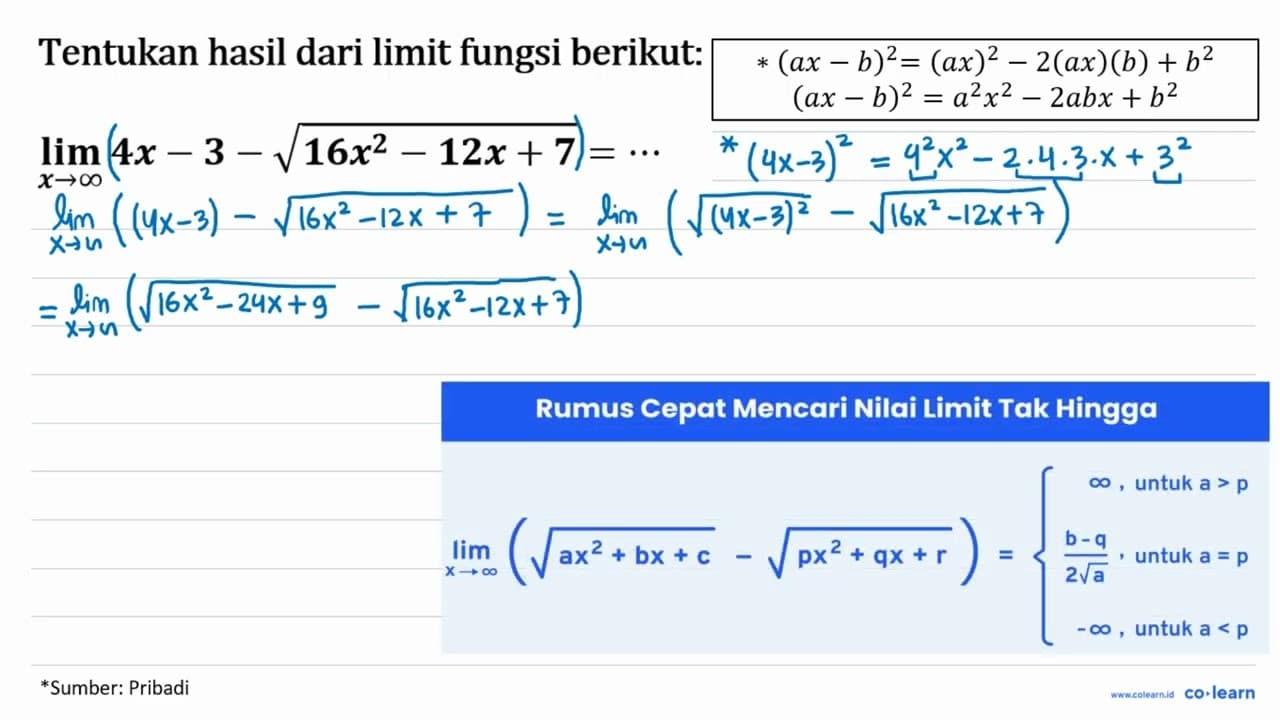 Tentukan hasil dari limit fungsi berikut: lim x mendekati