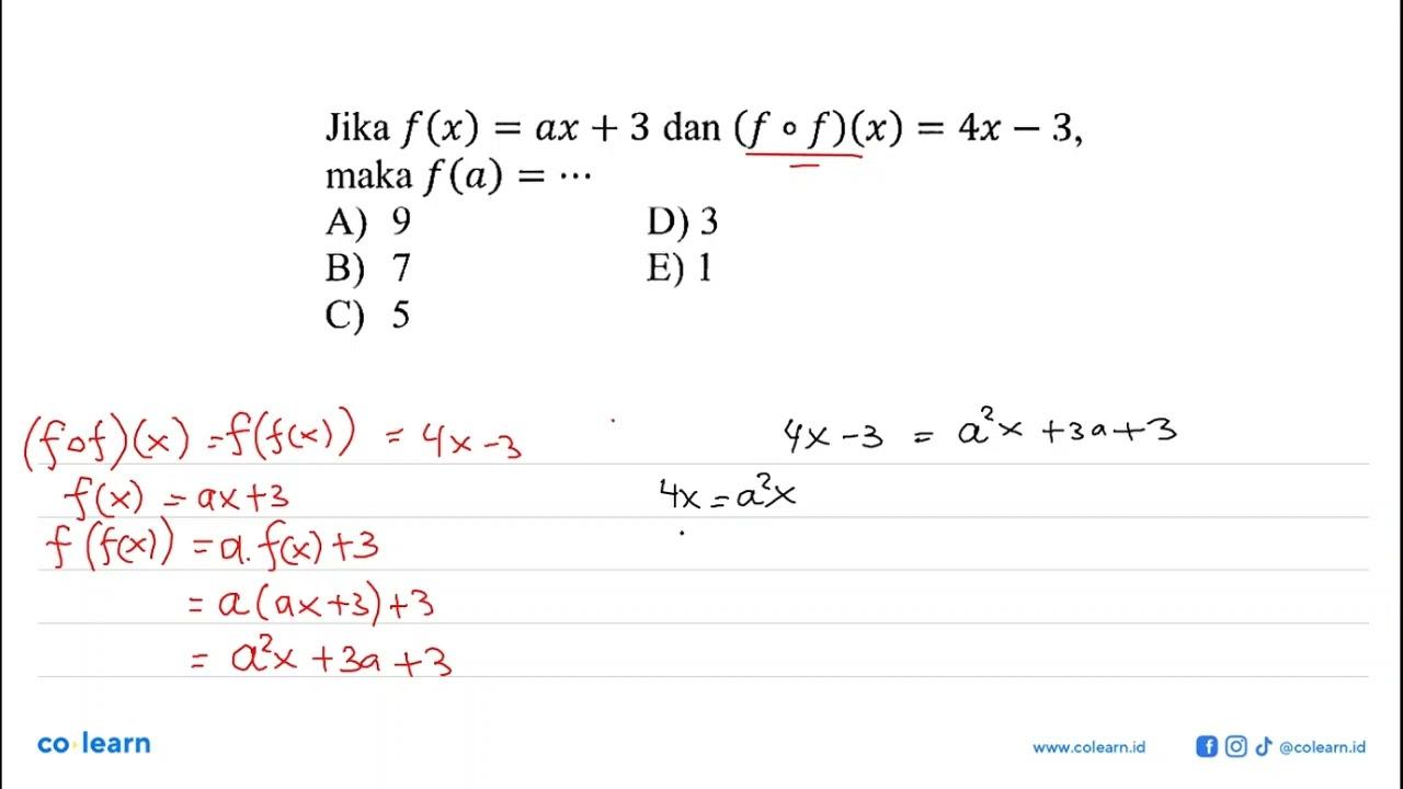 Jika f(x)=ax+3 dan (fof)(x)=4x-3 maka f(a)= ...