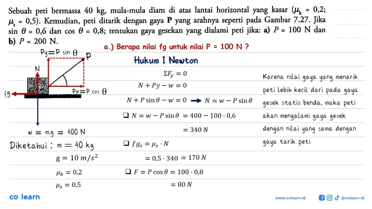 Sebuah peti bermassa 40 kg, mula-mula diam di atas lantai