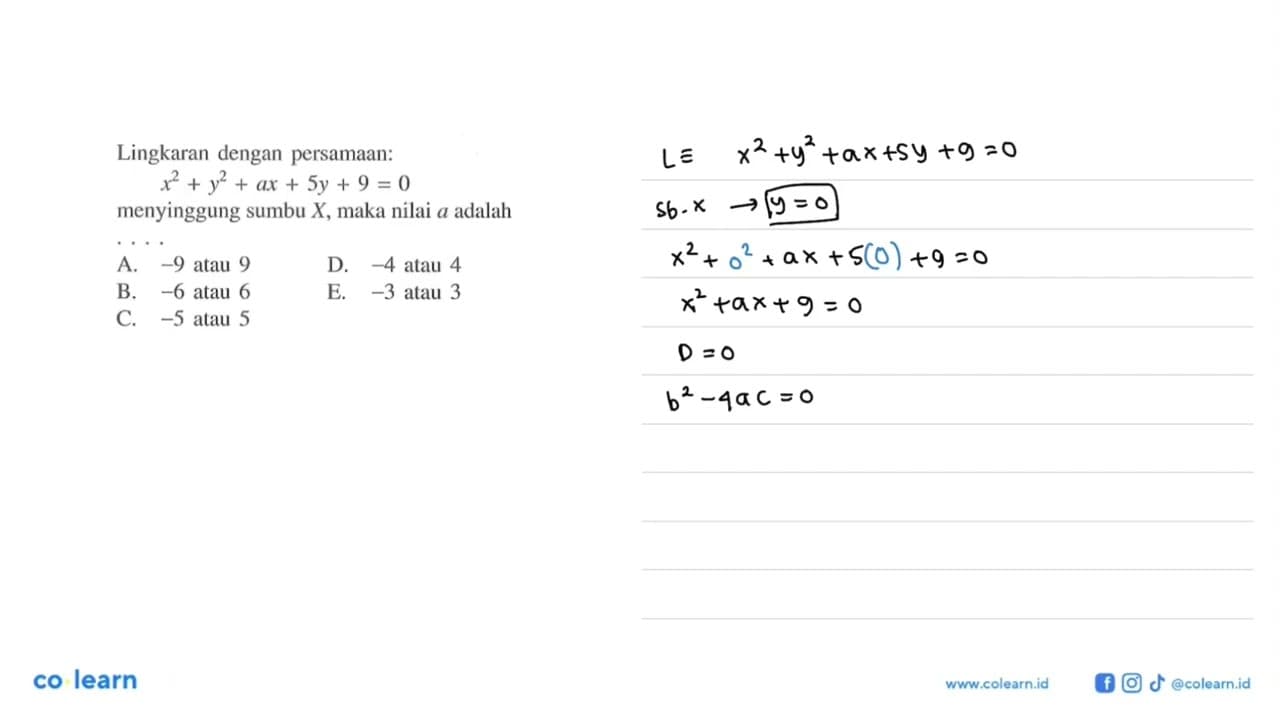 Lingkaran dengan persamaan: x^2 + y^2 + ax + 5y + 9 = 0