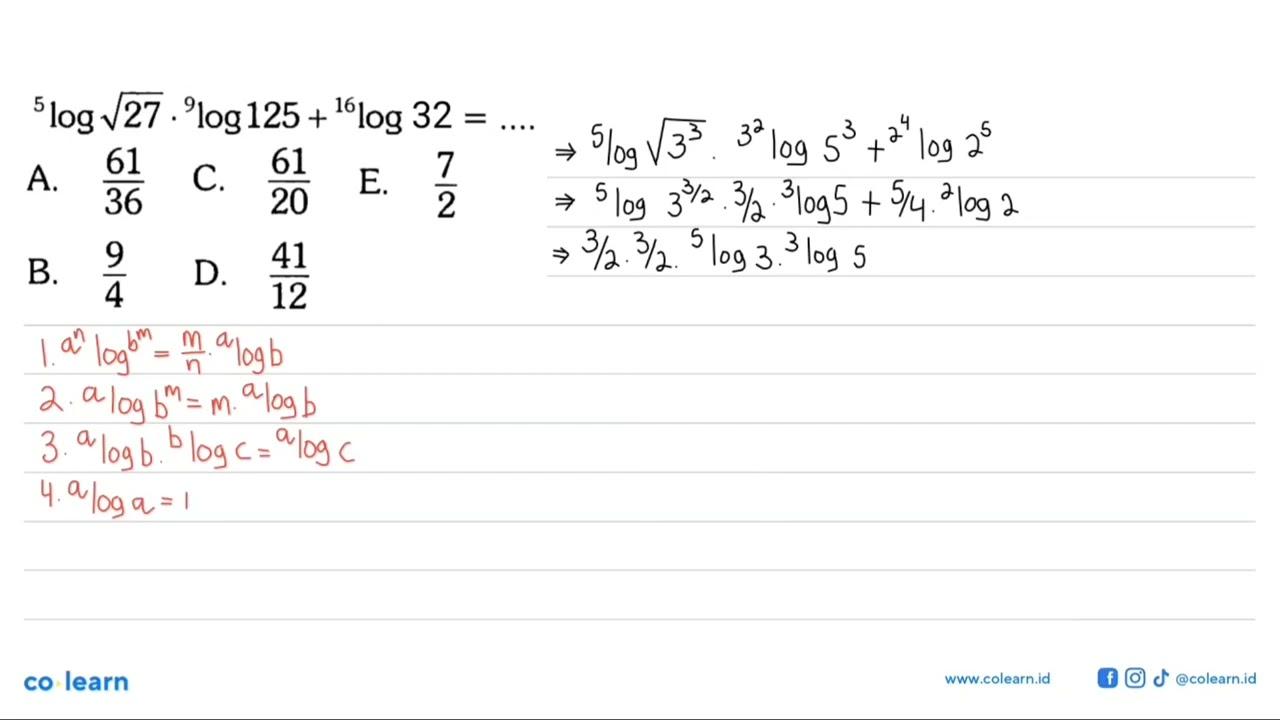 5 log akar(27).9 log 125+16 log 12=....