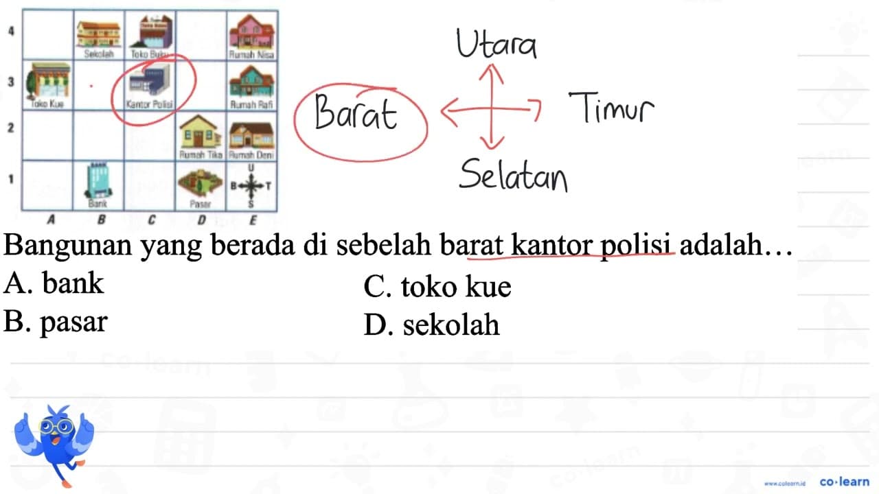 4 3 2 1 A B C D E Sekolah Toko Buku Rumah Nisa Toko Kue