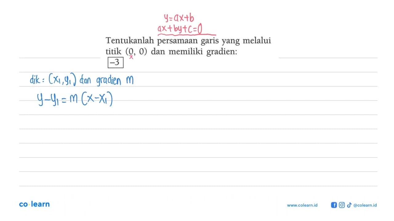 Tentukanlah persamaan yang melalui garis titik (0, 0) dan