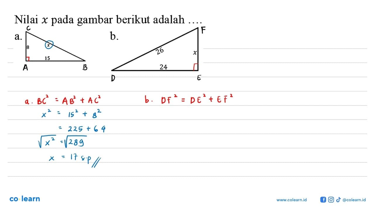 Nilai x pada gambar berikut adalaha. segitiga siku-siku