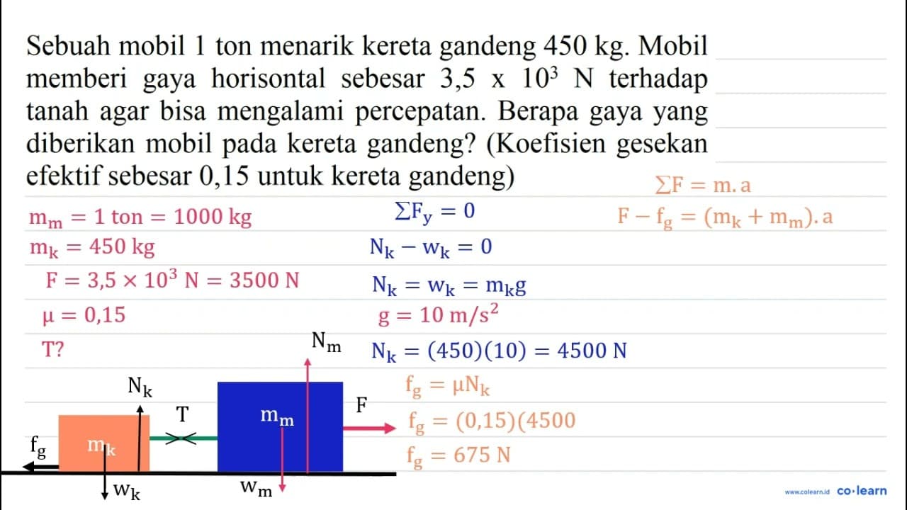 Sebuah mobil 1 ton menarik kereta gandeng 450 kg . Mobil