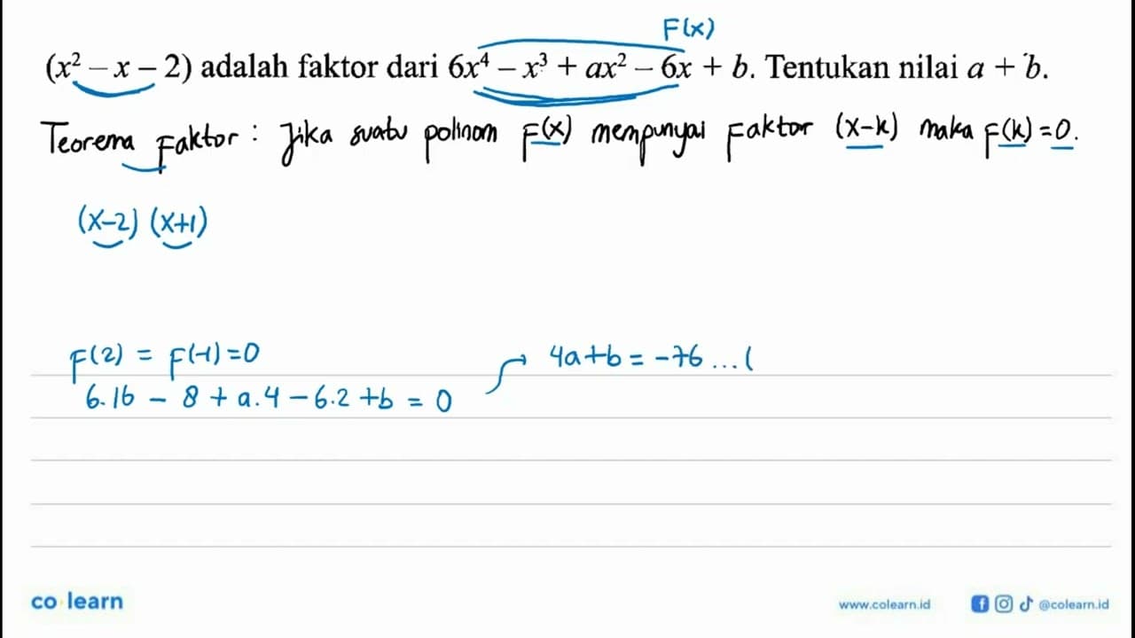 (x^2 - x - 2) adalah faktor dari 6x^4 - x^3 + ax^2 - 6x +