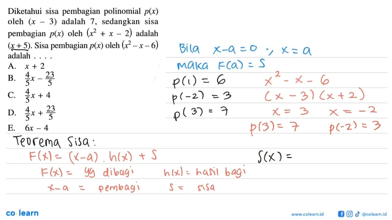 Diketahui sisa pembagian polinomial p(x) oleh (x-3) adalah