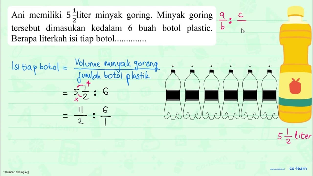 Ani memiliki 5 1/2 liter minyak goring. Minyak goring